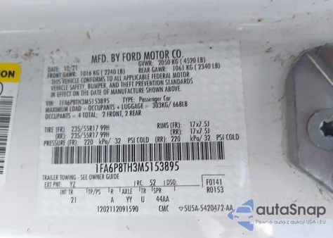 2021 Ford Mustang z USA, uszkodzony, nr VIN 1FA6P8TH3M5153895